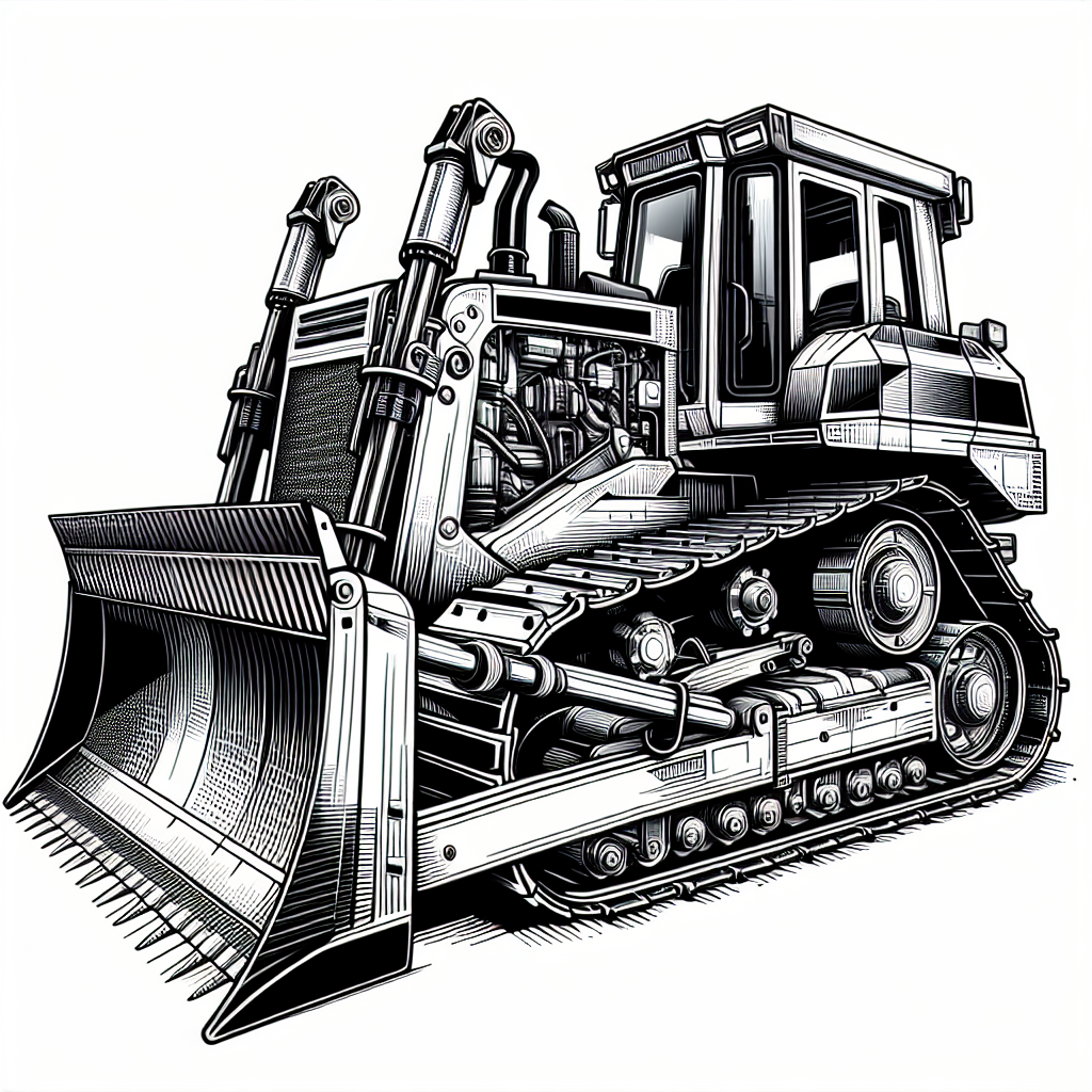 Bulldozer line art drawing, technical style